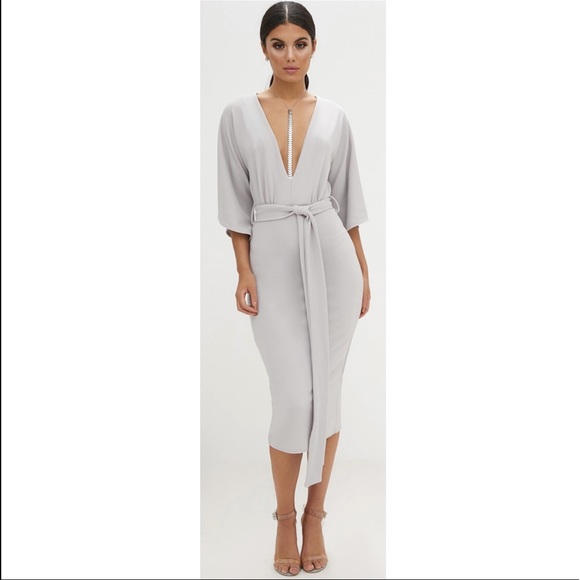 Ice Grey Kimono Sleeve Tie Waist Midi Dress - Picture 2 of 6